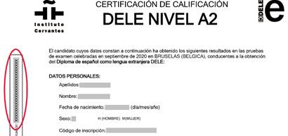 Reproducción del encabezado de un certificado de calificación, con el CSV a su izquierda